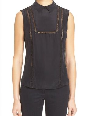 Veronica Beard Aster Collar Bib 100% Silk Blouse Size 2 Black Luxury Career
